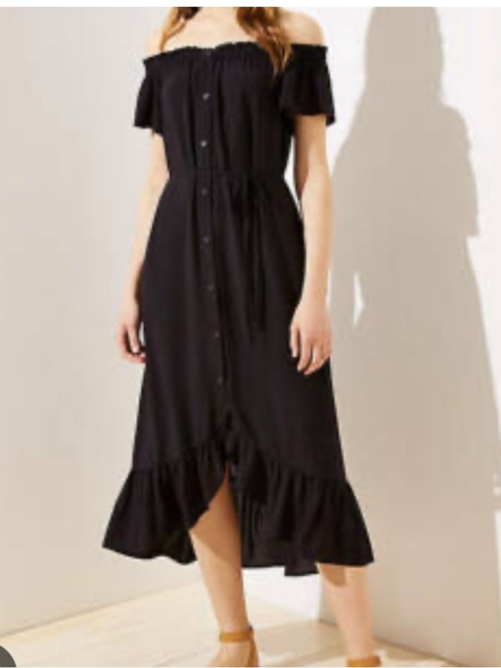 LOFT Black Off-Shoulder Button-Front Midi Dress